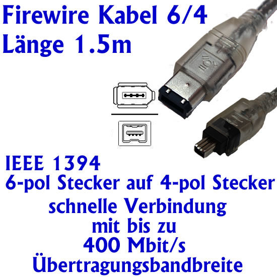 Firewire Kabel 6/4 POL 1.5m Meter IEEE 1394
